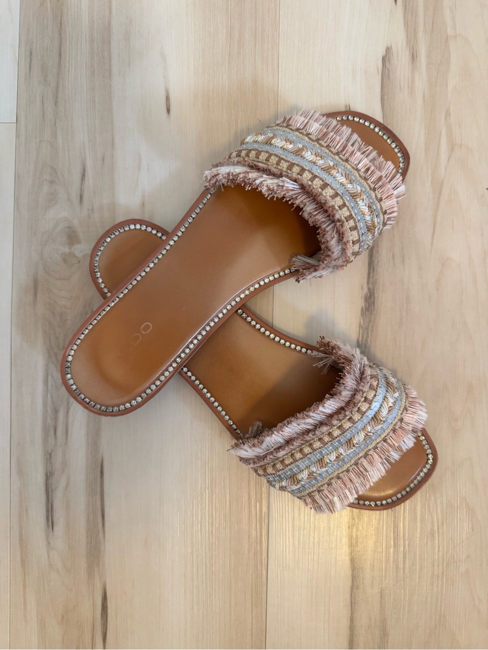 Aldo Blush Fringe Slide Sandals with Embellished Straps